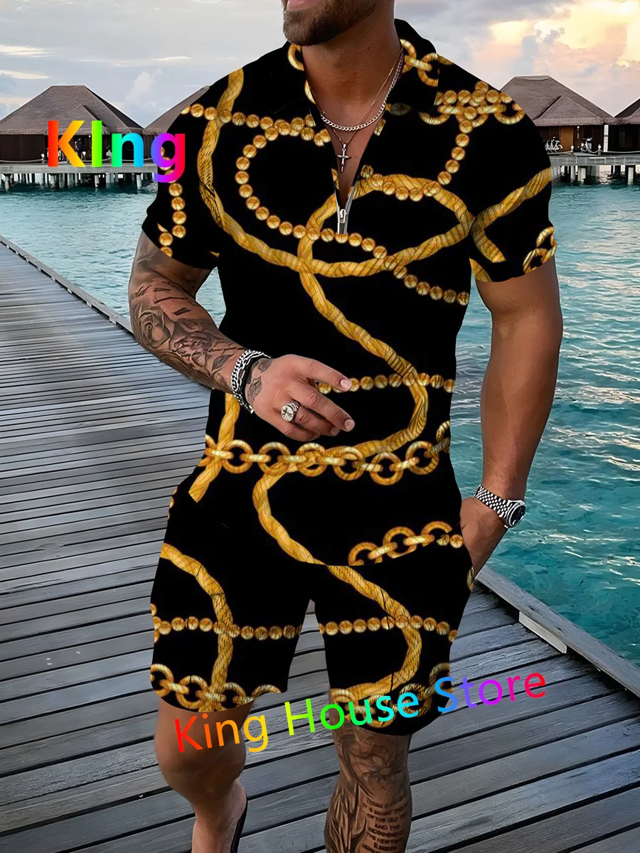 Men's Polo Shirt Clothing 2 Set Tracksuit Zipper Polo Shirt Oversized Trend Business Casual 3D Luxury Chain 2 Piece Outfit Set