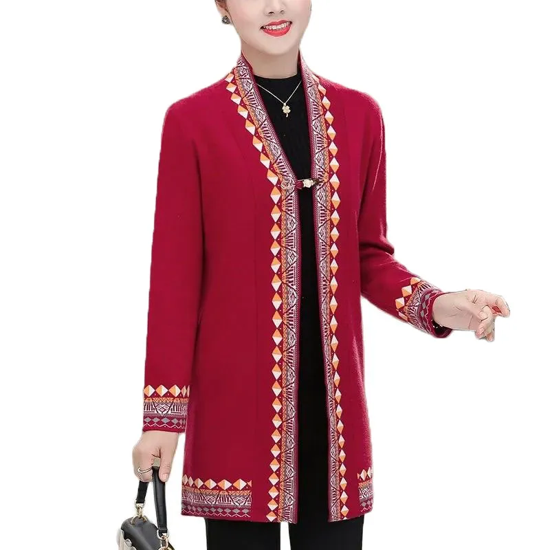 Свадебное платье матери Высококачественная весенне-осенняя модная верхняя шаль для женщин среднего возраста для пожилых женщин вязаный кардиган пальто средней длины