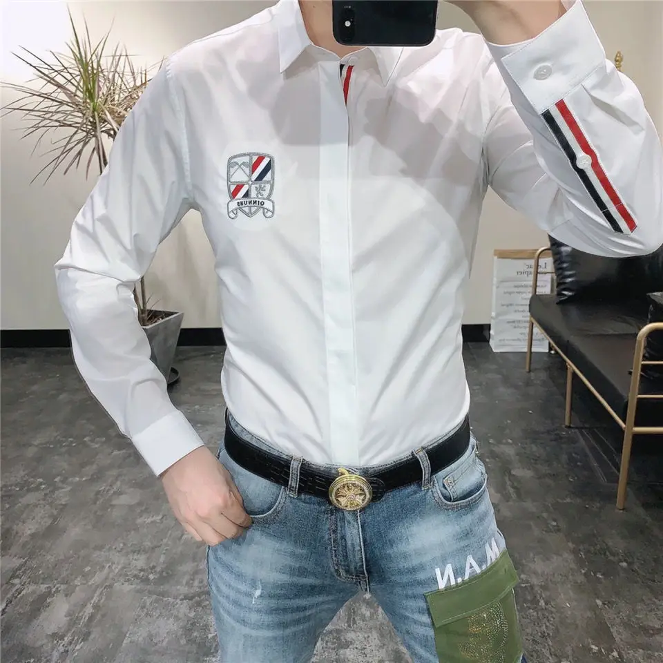 Spring and autumn new fashion men's tide brand long sleeve shirt Korean fashion slim white men's cardigan shirt