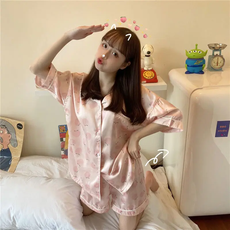 Korean Pajamas for Women 2021 New Summer Silk Pyjamas Girls Sweet Print Sleepwear Kawaii Lapel Home Suit Soft Loose 2 Piece Sets