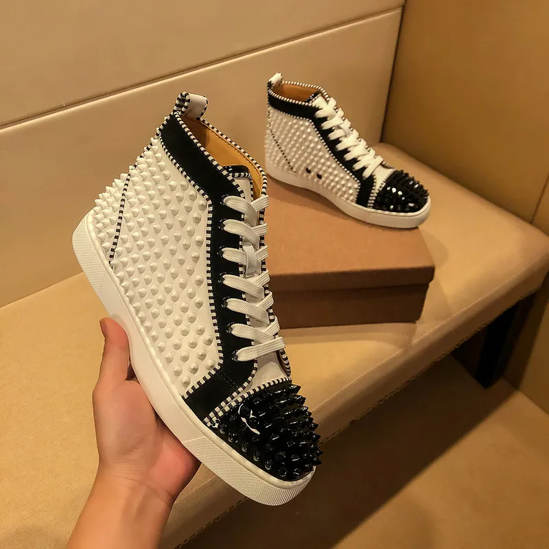 

Designer luxury rivets full nails red sole shoes high-top casual sneakers men's color matching tide brand white shoes