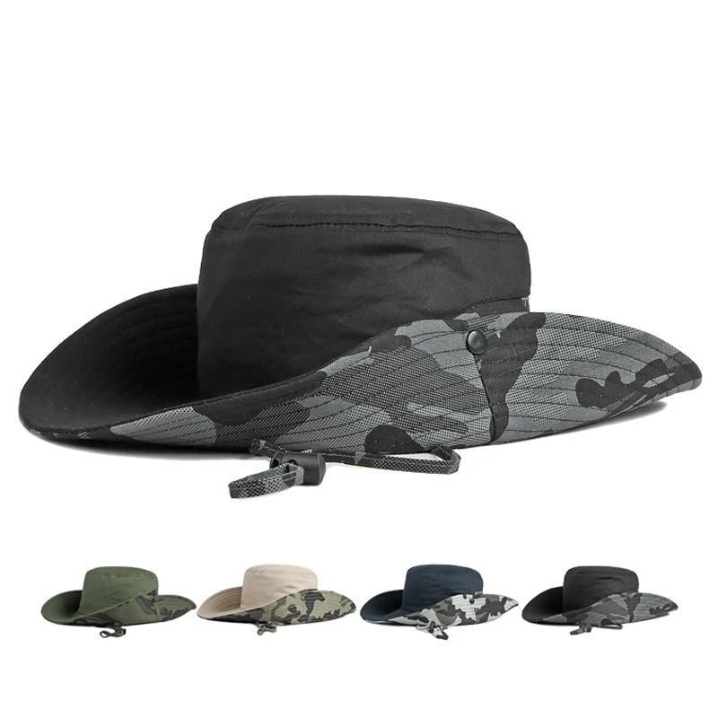 

Summer Wide Brim Fisherman Hat For Men Panama Cap With String Camouflage Bucket Hat Male Outdoor Fishing Climbing Hiking Sun Cap
