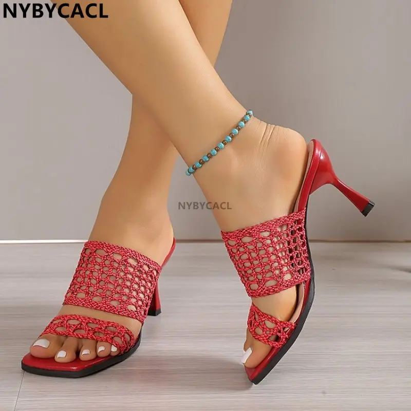 

2023 Beach Shoes Slippers Soft Women Sandals Hollow Out Summer Mid Heels,Korea Style Slides Footwear Fine with High Heels Sexy