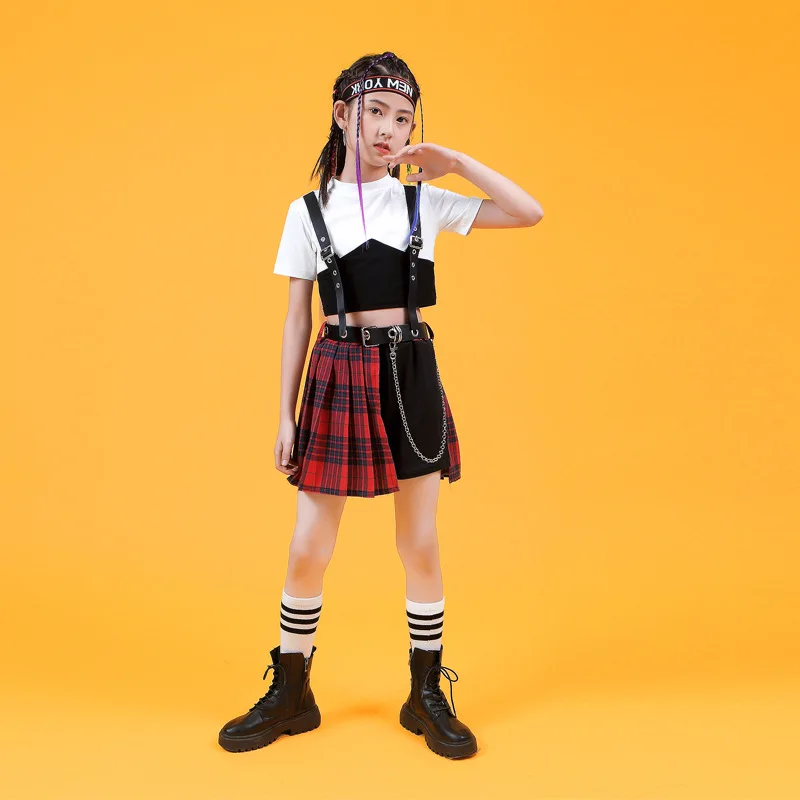 

Teen Grils Short Sleeve T-shirt Mini Plaid Skirt Belt Sets Children Streetwear Hip Hop Skirt Kids Stage Show Dance Clothing