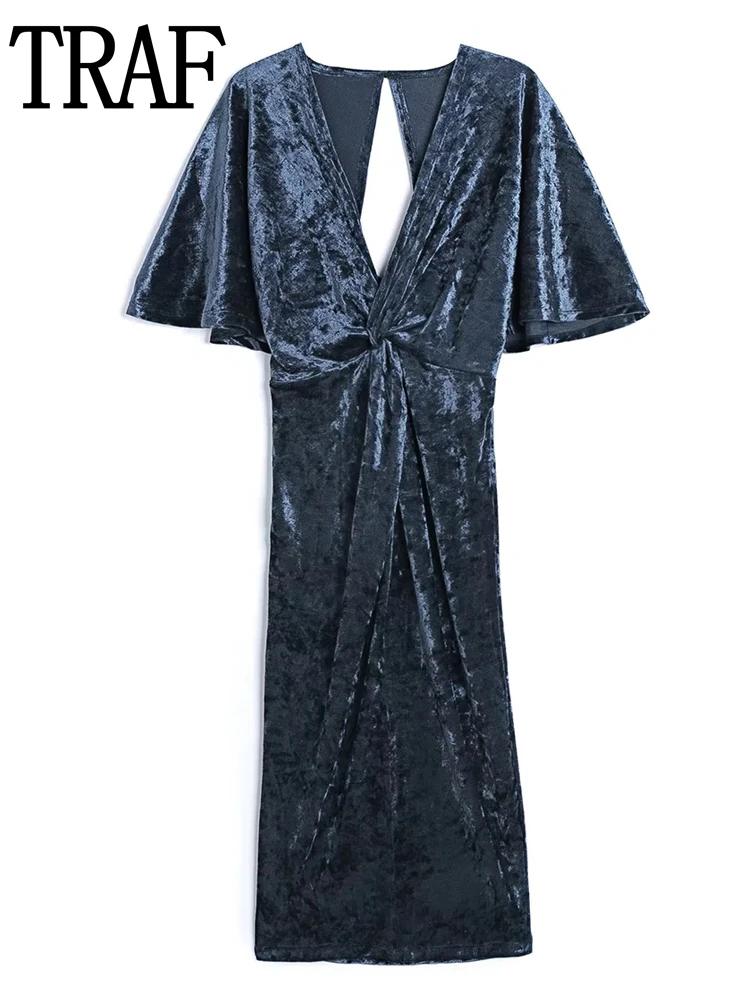 

Платье бархатное длинное Плиссированное с коротким рукавом и открытой спиной