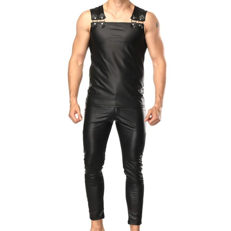 Mens Undershirts Faux Leather Tank Tops Sleeveless T-shirts Stage Vest Dance Club Skinny Pants Long Trousers Or Men Clothes Sets