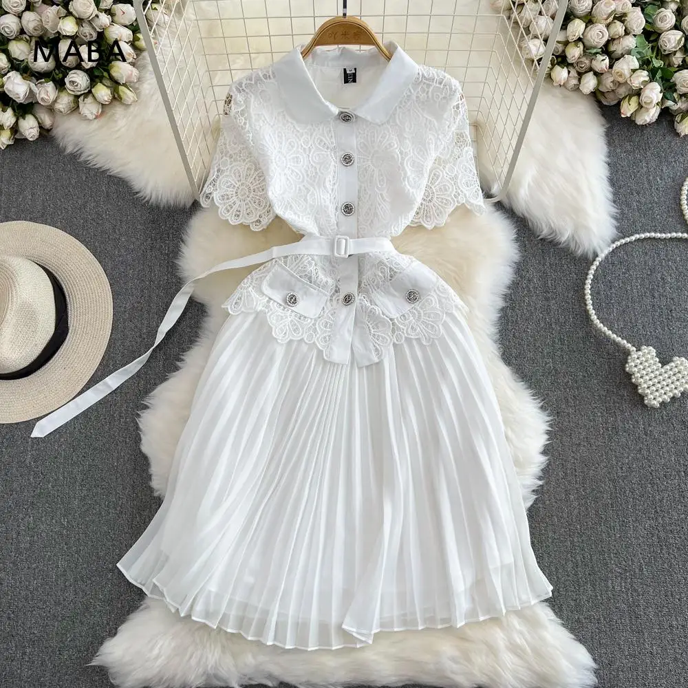 

Летнее женское кружевное короткое плиссированное платье-трапеция в стиле пэчворк, высококачественное роскошное белое Бандажное платье средней длины с коротким рукавом Y2k