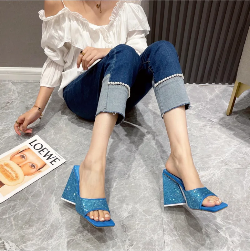 New Summer Triangle Thick Heel Slippers Sexy Street Woman Square Toes Dress Party Shoes Size 35-41 Slippers Women Women Shoes
