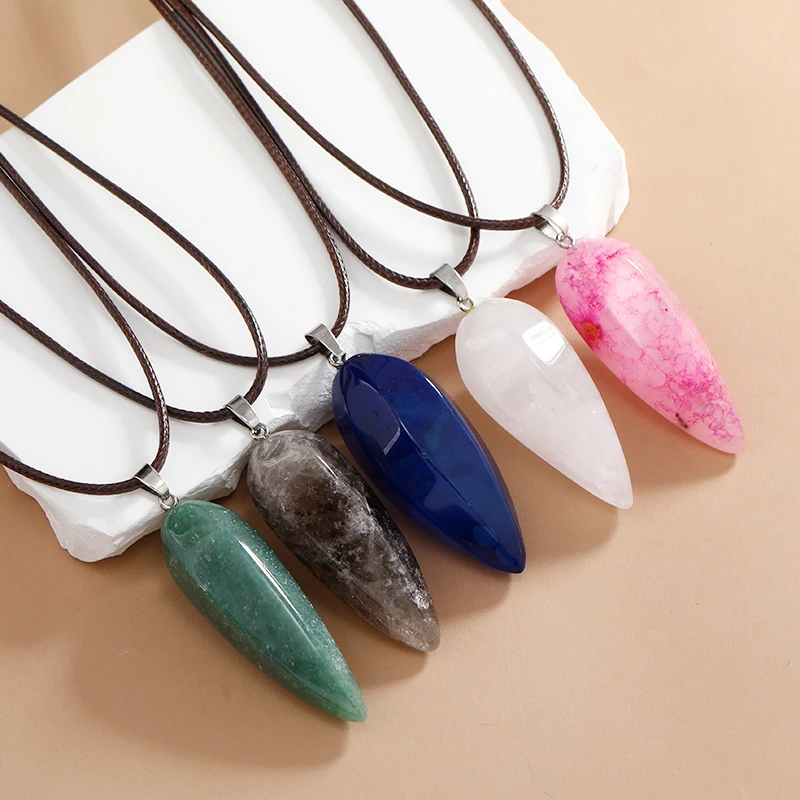 

Fashion Crystal Stone Natural Stone Quartz Long Ellipse Geometry Pendant Necklace Brown Rope Chain For Women Men Bohemia Jewelry