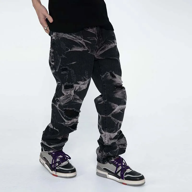 

Tie Dye Hole Straight High Street Mens Denim Pants Oversized Harajuku Retro Patchwork Ripped Baggy Casual Jeans Trousers