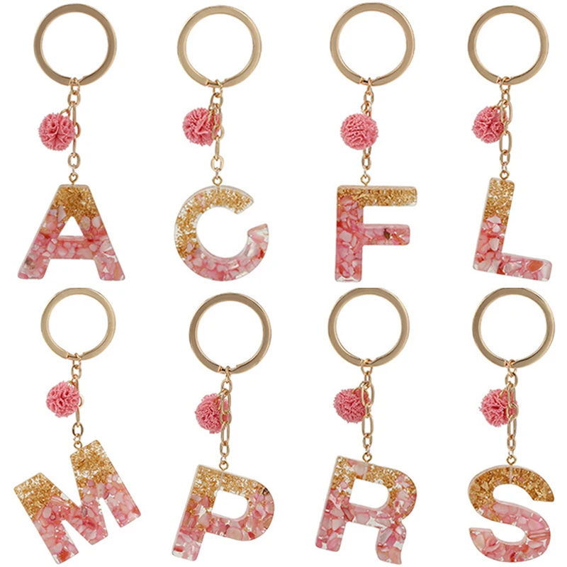 

Модные брелки с английским алфавитом, розовый помпон, блестящий градиент, резиновые буквы, кольца для ключей, аксессуар для автомобильного ...