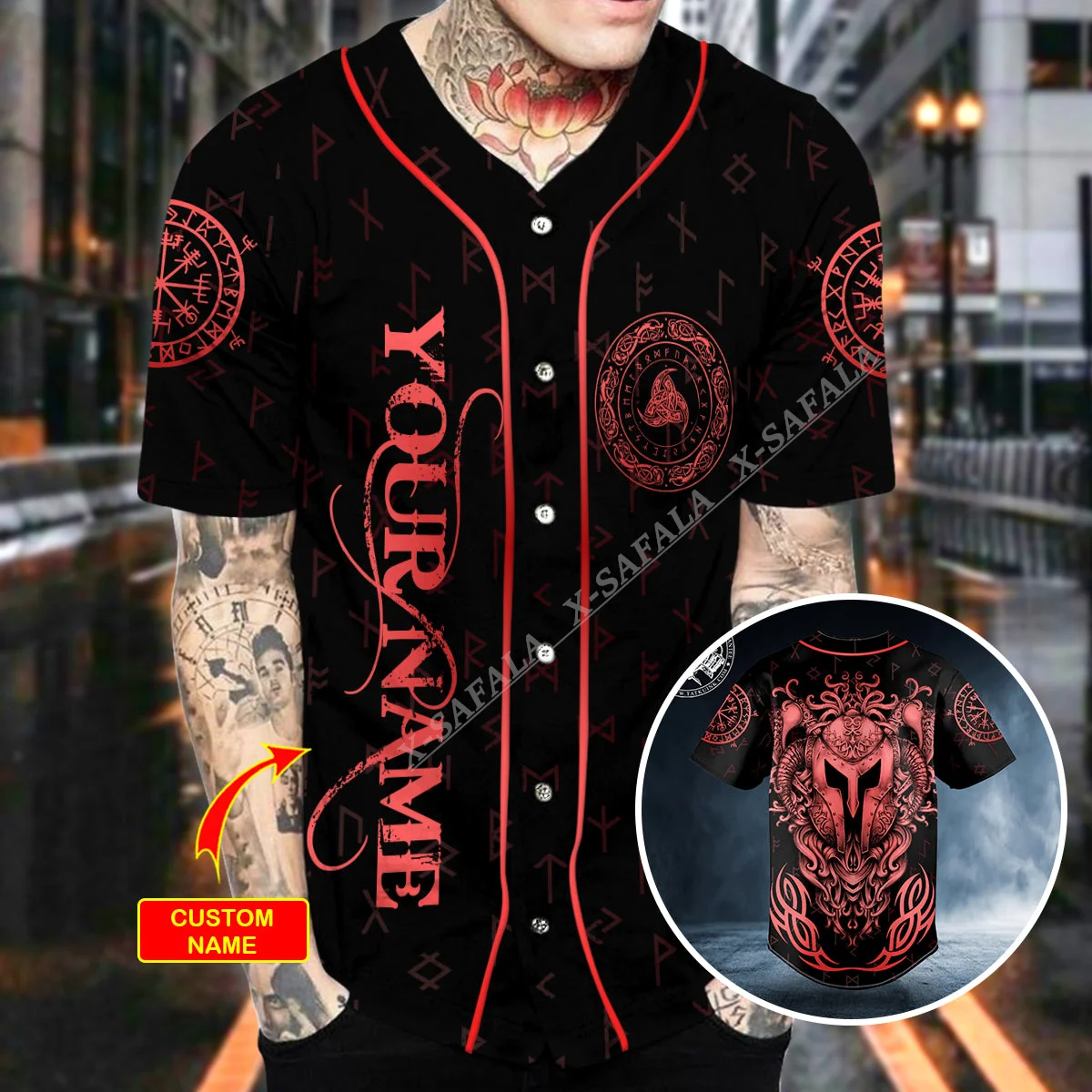 

Red The Valknut Warrior Viking Tattoo 3D Print Baseball Jersey Shirt Top Tee Men Streetwear Short Sleeve V-Neck Hip Hop