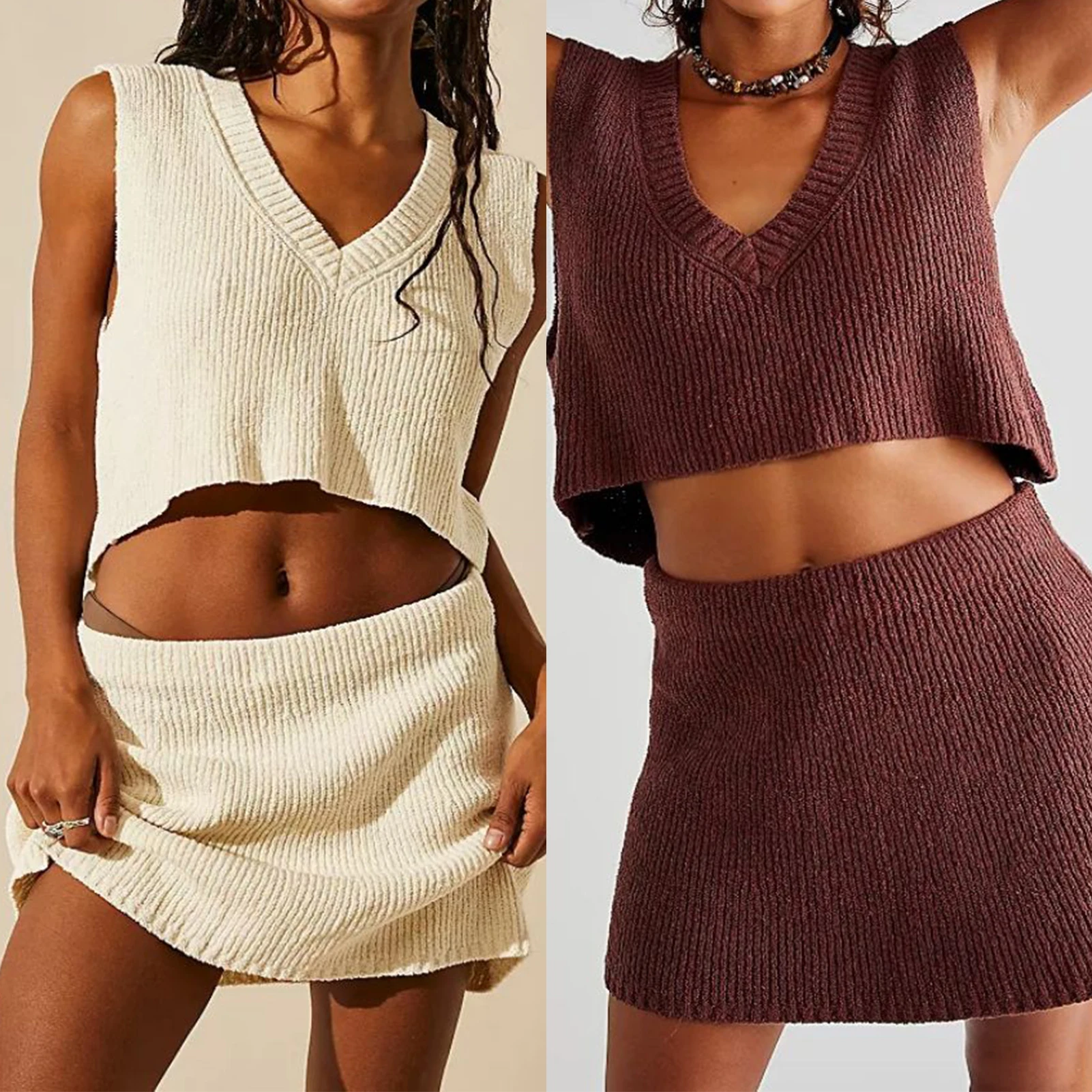 

Women Sexy Knitted Mini Skirt Set V Neck Sleeveless Crop Top+ Navel Exposed Skirt 2 Piece Outfits Y2K Style High Waist Suits