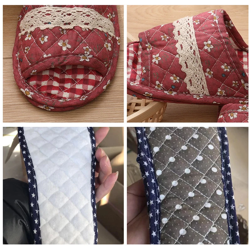 Тапочки женские хлопковые с цветочным принтом Нескользящие теплые мягкая