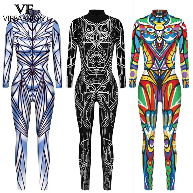 

VIP FASHION Halloween Costume Skeleton Printed Jumpsuits Women's Gradient Colorful Cosplay Bodysuits Zentai Catsuit
