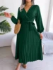 Women Elegant V Neck Long Sleeve Pleated Maxi Dress 4