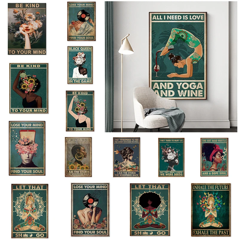 

Retro Poster Lose Your Mind Find Your Soul Inspirational Quote Abstract Yoga Girl Floral African Women Canvas Picture Wall Decor