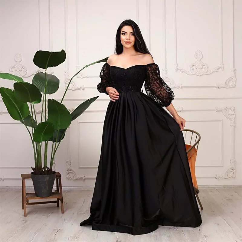 

Vintage Off The shoulder Blace Evening Dresses Full Puff Sleeves Lace Applique A Line Satin Formal Party Grown For Women
