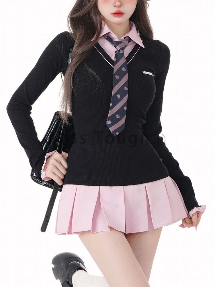 Зимнее милое мини-платье черного и розового цвета в стиле преппи женские платья