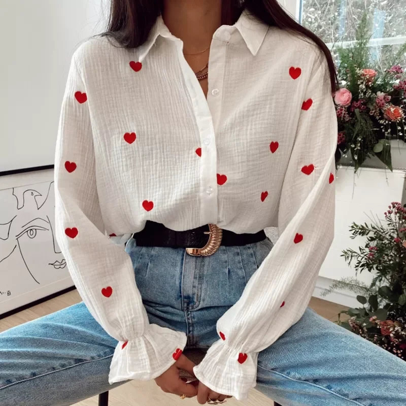 New in Turn Down Collar Blouses Women Fashion Red Heart Embroidery Shirts Women Elegant Casual Long Sleeve Tops Female Ladies ja