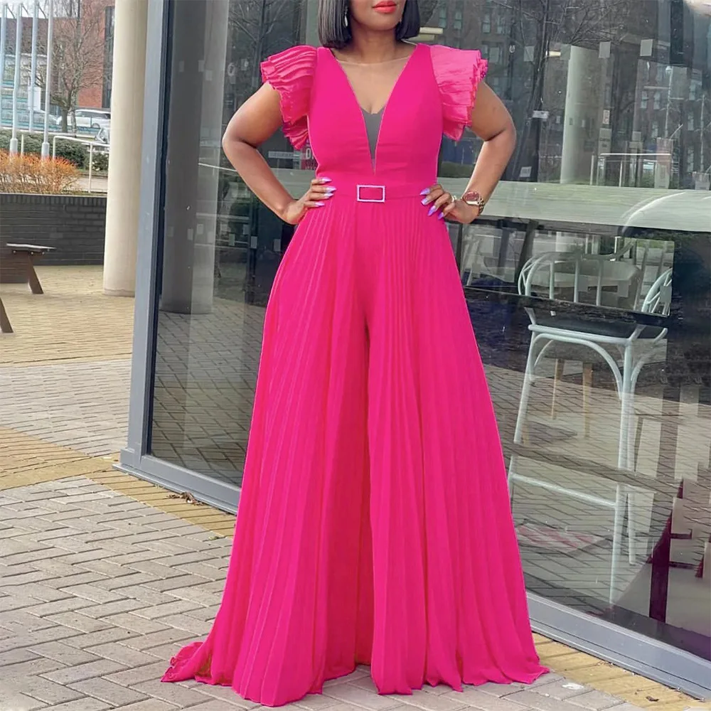 Plus Size Chic And Elegant Women Jumpsuits Ruffle Belt Outfit Lady Outwear Designer Pant 2023 Spring Female Fashion Jumpsuits