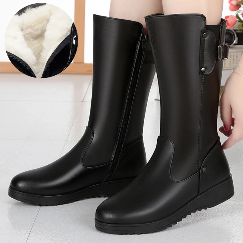 Thickening of High Tube Fur Female Winter Boots Genuine Leather Women's Motorcycle Boot Shoes Big Size Wool Military Woman