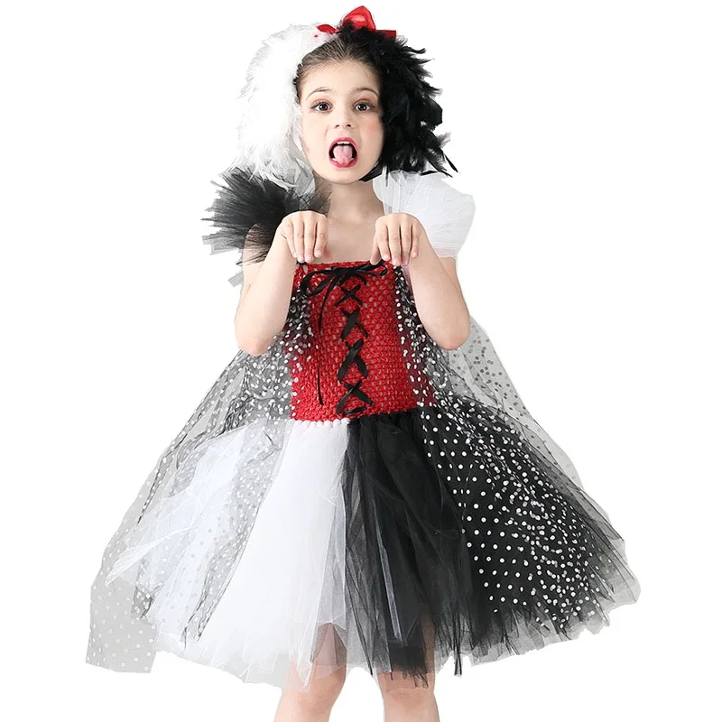 

White Black Witch Halloween Costumes for Girls Kids Cosplay Dog Dresses Tulle Outfit With Headband Evil Queen Dress Up Tutus