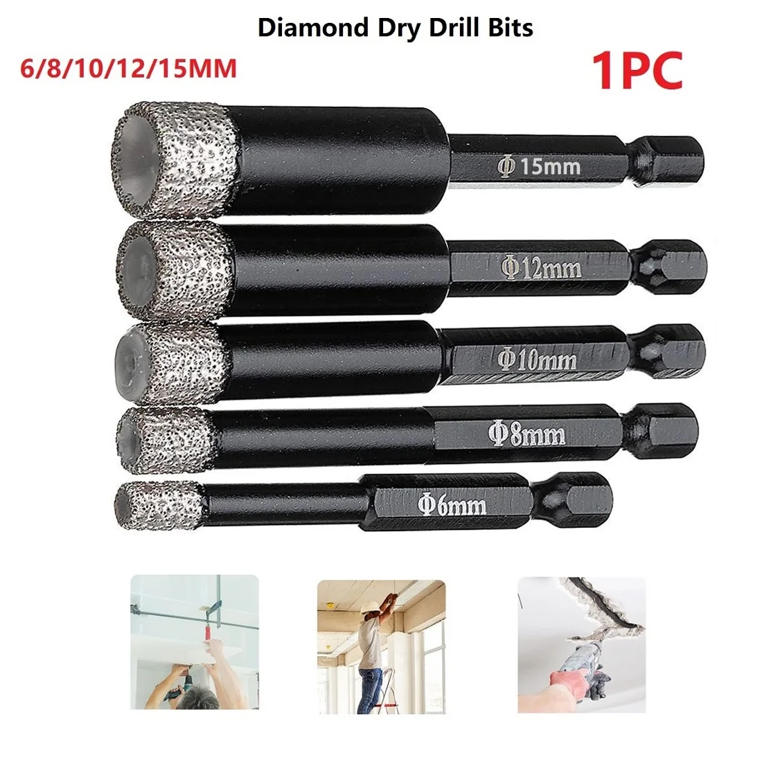 Фото Сверло для сухого сверления Hex Dry Drill Bit, для внутренних и наружных работ, 6/8/10/12/15 мм, паяное, для стекла и гранита, с шестигранным хвостовиком №5