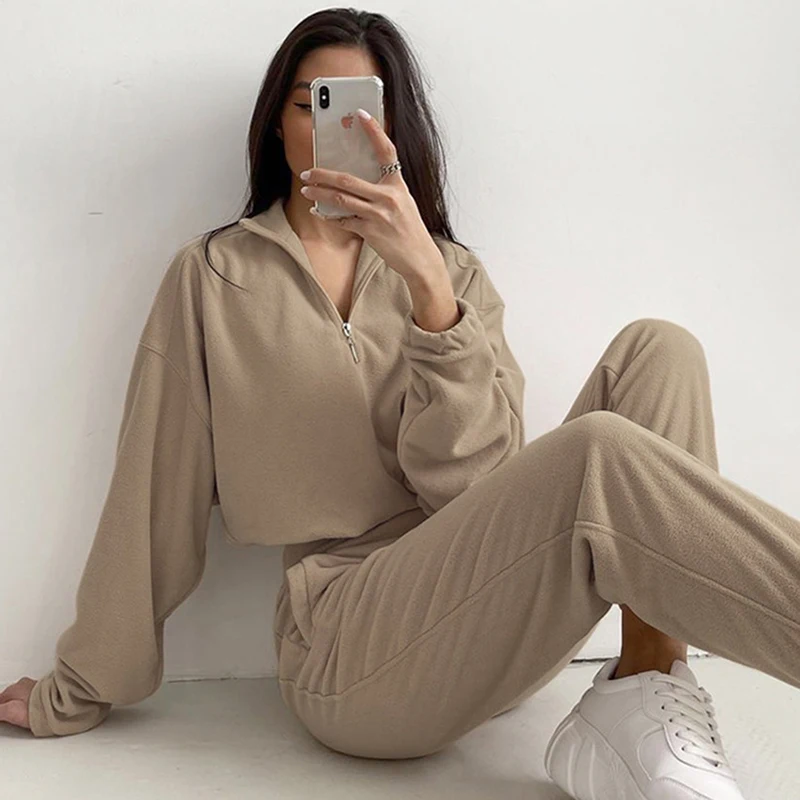 

Casual Polar Fleece Women'S Tracksuit Set Long Sleeve Zip Up Crop Pullovers And Trouser Two Piece Sets Female Sports Outfit