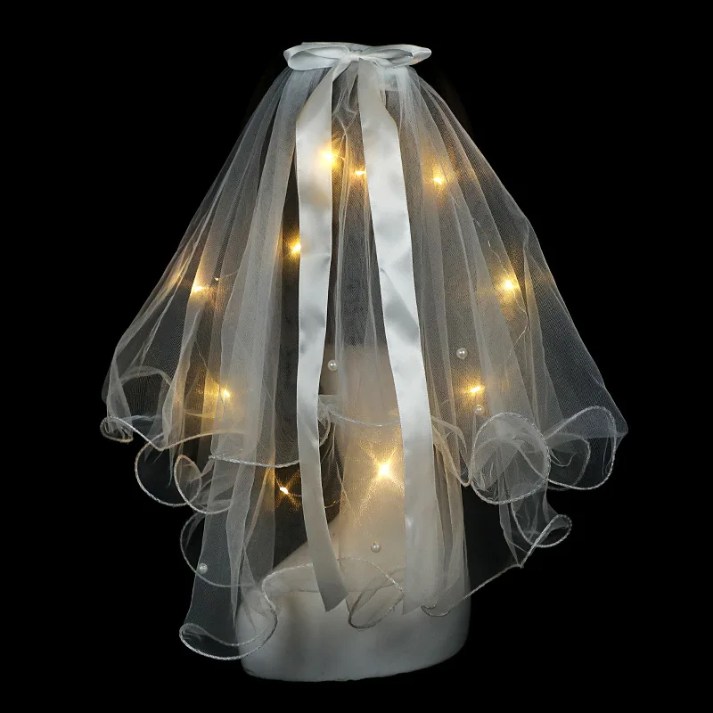 

Short Tulle Bridal Wedding Veil With LED Lights String Bowknot Ribbon Double Layer Veil for Bride Party Photography