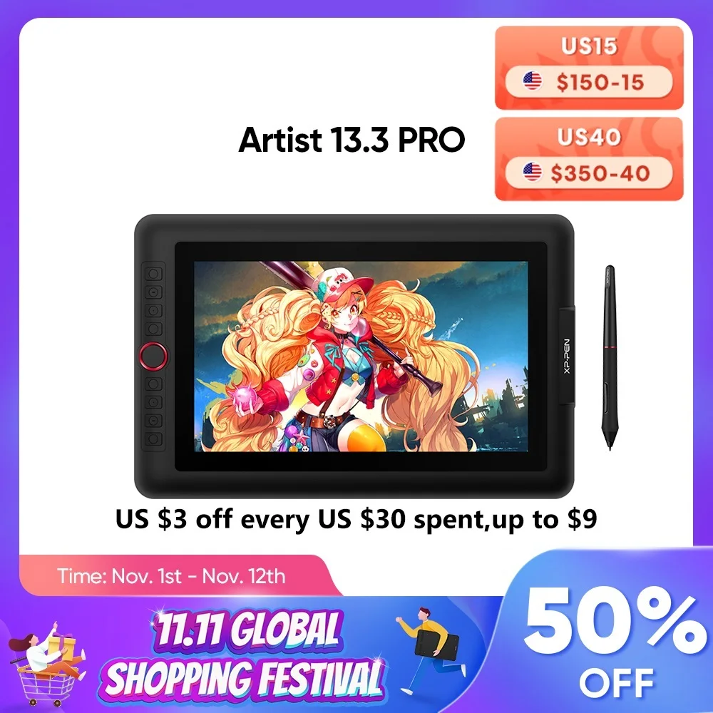 

.. Artist 13.3 Pro Graphics Tablet Drawing Monitor 13.3" Pen Display Animation Art with Tilt Battery-free Stylus 8192 Level