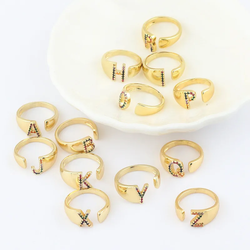 

Luxury Classic Colored Rhinestones Micro-set 26 English Letter Unisex Ring Fashion Alphabet Zircon Open Adjustable Ring Jewelry