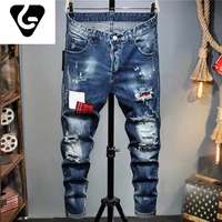 occident dsquared2 blue hole ruffian handsome self cultivation elastic khmer red sticker cloth fashion paint d2