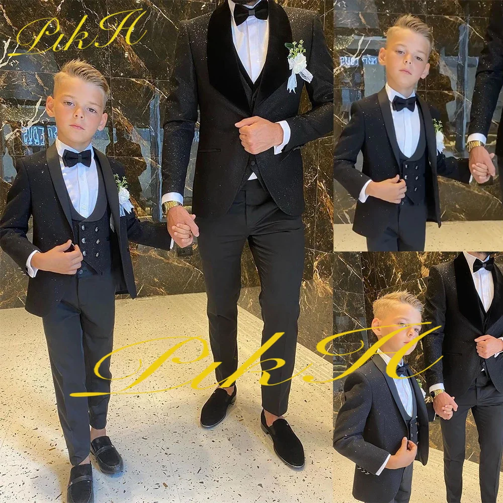 Black Boys Suit Wedding 3 Piece Kids Blazer Pants Vest Three Piece Child Jacket Set Custom 3-16 Years Old Outfit