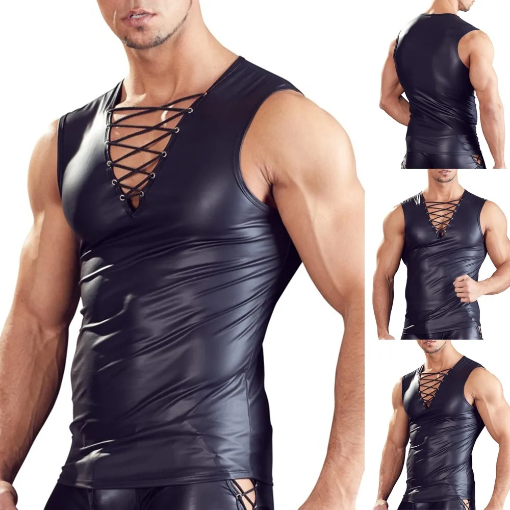 

2023 Mens Tank Top Sexy Faux Leather UndershirtsSolid Color Vest Punk Nightclub Stage Performance Hollow Sleeveless T-Shirt Tops