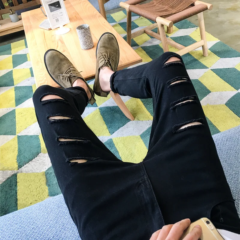 Korean Fashion Streetwear Men 2022 Black Blue white Jeans Hombre Slim Hip Hop Pants Ripped Jeans On The Knees Free Shipping