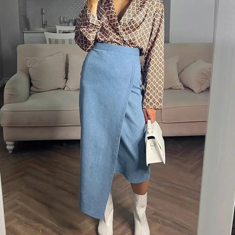

New French Fashion Design Asymmetrical Half Skirt Autumn Winter Slim Wrap Hip Skirt Light Blue Denim Skirt Women Clothing