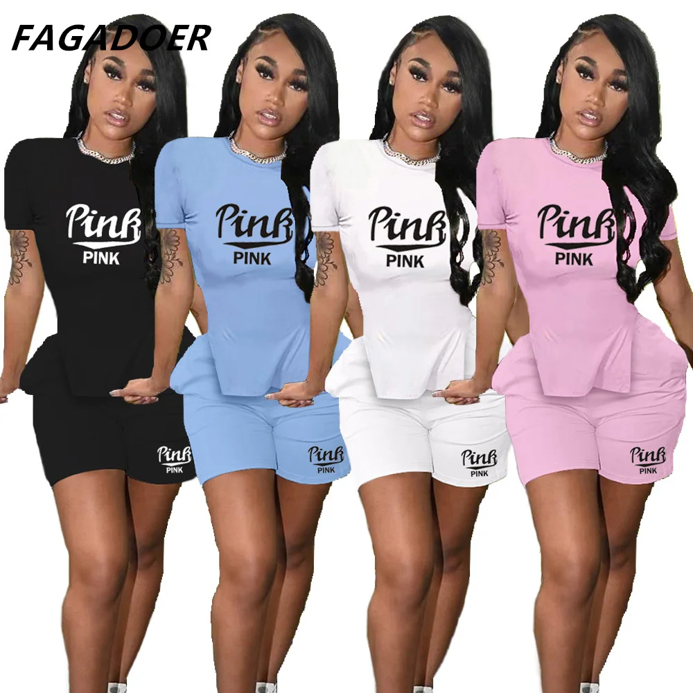 

Комплект из двух предметов с надписью FAGADOER PINK, комплект из верх со щелью и шорт-скинни, спортивные костюмы, Повседневная Уличная одежда, 2 пре...