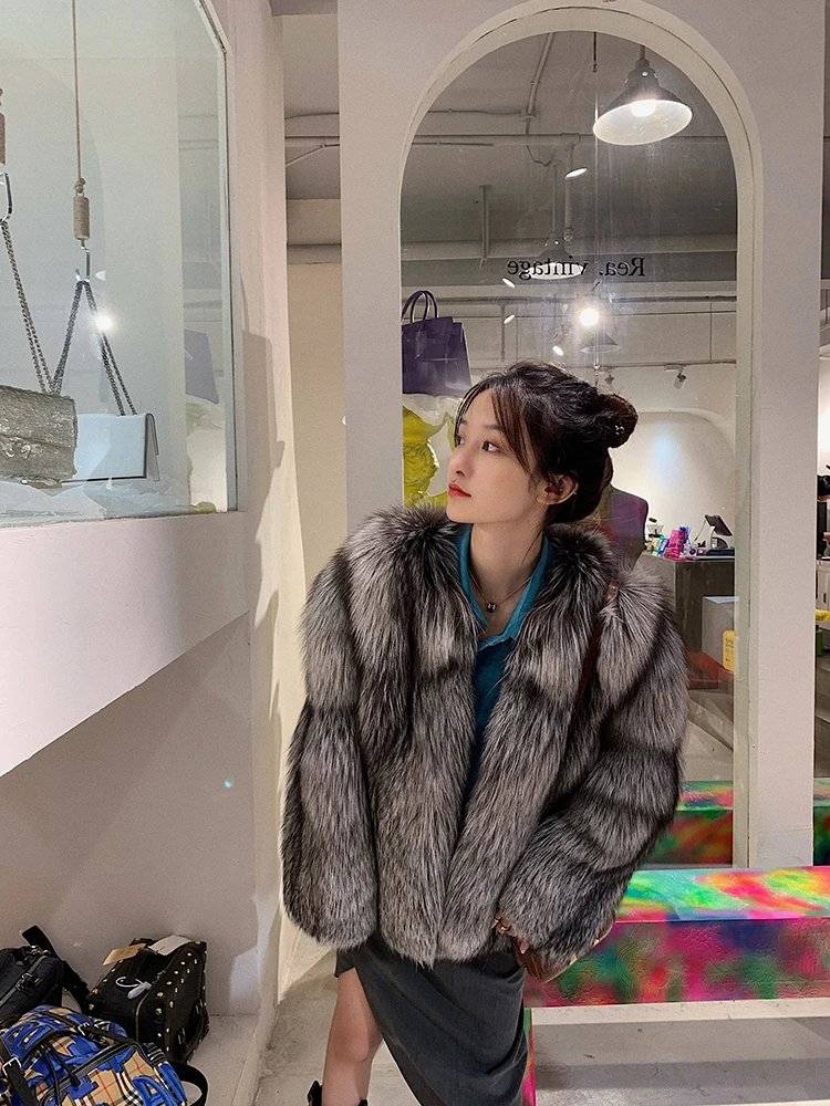 Luxury Genuine Fur Coat Winter Women Real Silver Fox Fur Coat Jacket Covered Button Thick Warm Causal Blue Fox Fur Coat