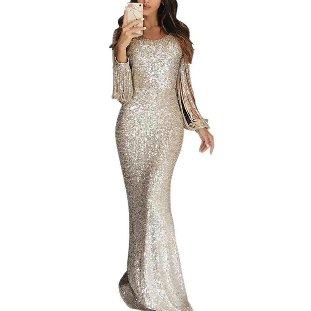 

Elegant Ladies Vestidos Plus Size Chic Women Tassel Lantern Sleeve Sequined Tassel Long Sleeve V Neck Bodycon Party Maxi Dress