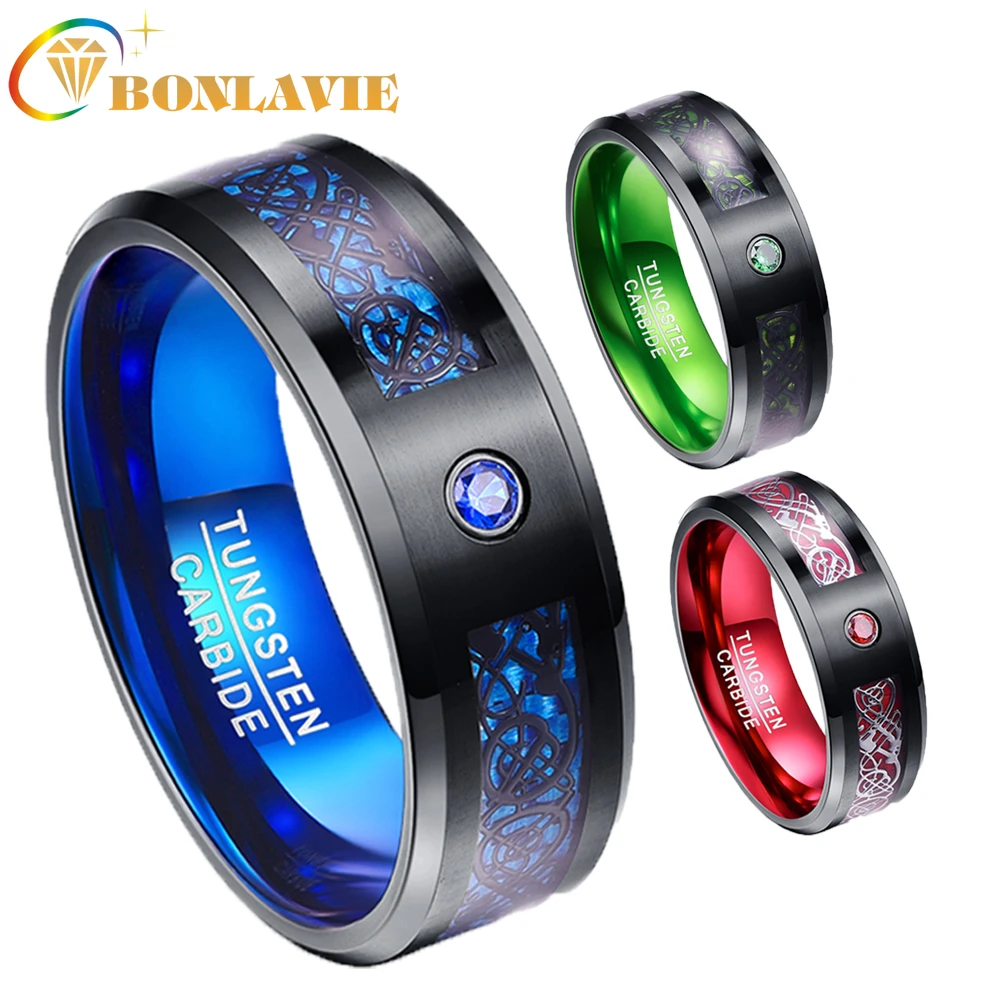

BONLAVIE 8mm Men's Ring Tungsten Carbide Ring Wedding Band Celtic Dragons Red Green Blue Carbon Fiber Tungsten Ring Comfort Fit