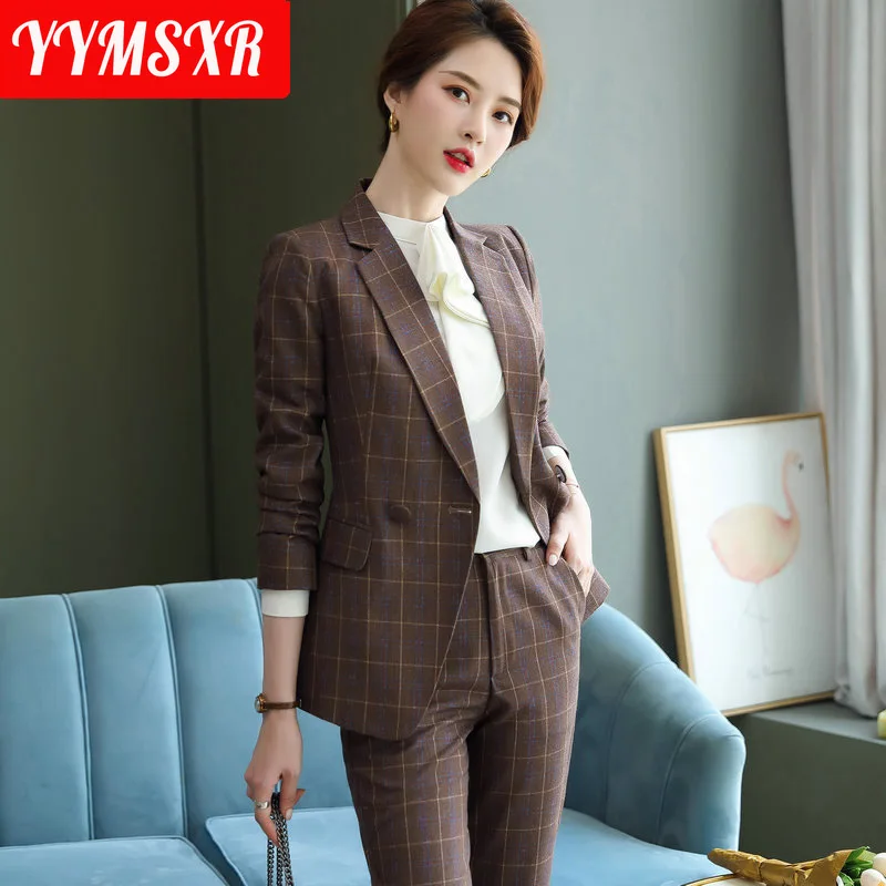 High-end Suit Pants Women's Two-piece Autumn and Winter Slim Long-sleeved Ladies Plaid Office Blazer Casual High-waist Pants
