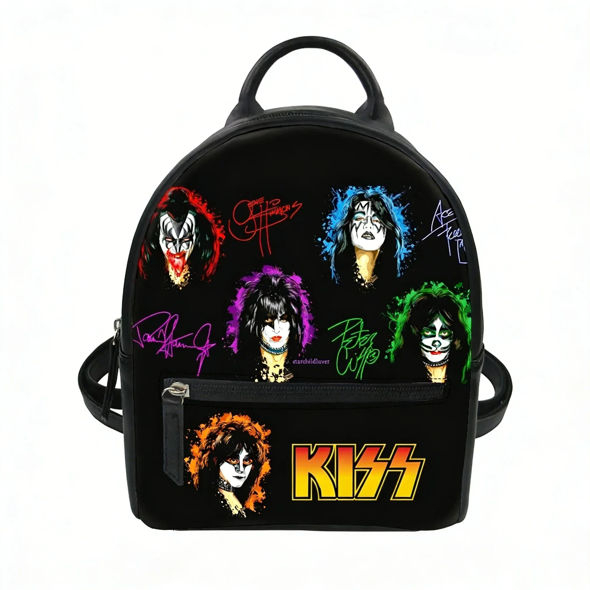 Фото Рюкзак-сумка Kiss Rock Band на заказ для женщин, винтажный рок-стиль, школьный рюкзак, двойная плечевая сумка, мини-рюкзак, кожаная дорожная сумка. №3