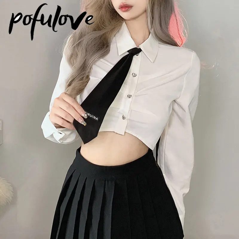 

Short Long Sleeved Shirt Women White College Style Slim Lapel Crop Top Tie Exposed Navel T-shirt Y2k Korean Summer Cardigan Top