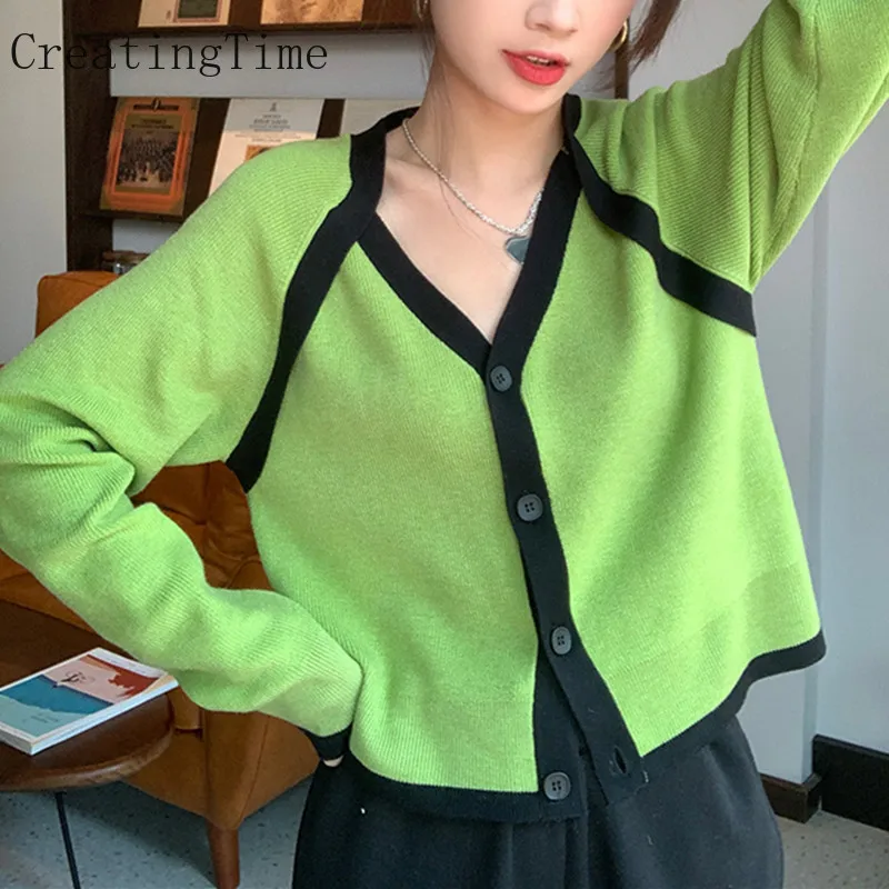 

Vintage Korean Color-blocking V-neck Knitted Cardigan Women's Autumn 2022 New V-neck Stitching Short Sweater Coat Chic Top LH657
