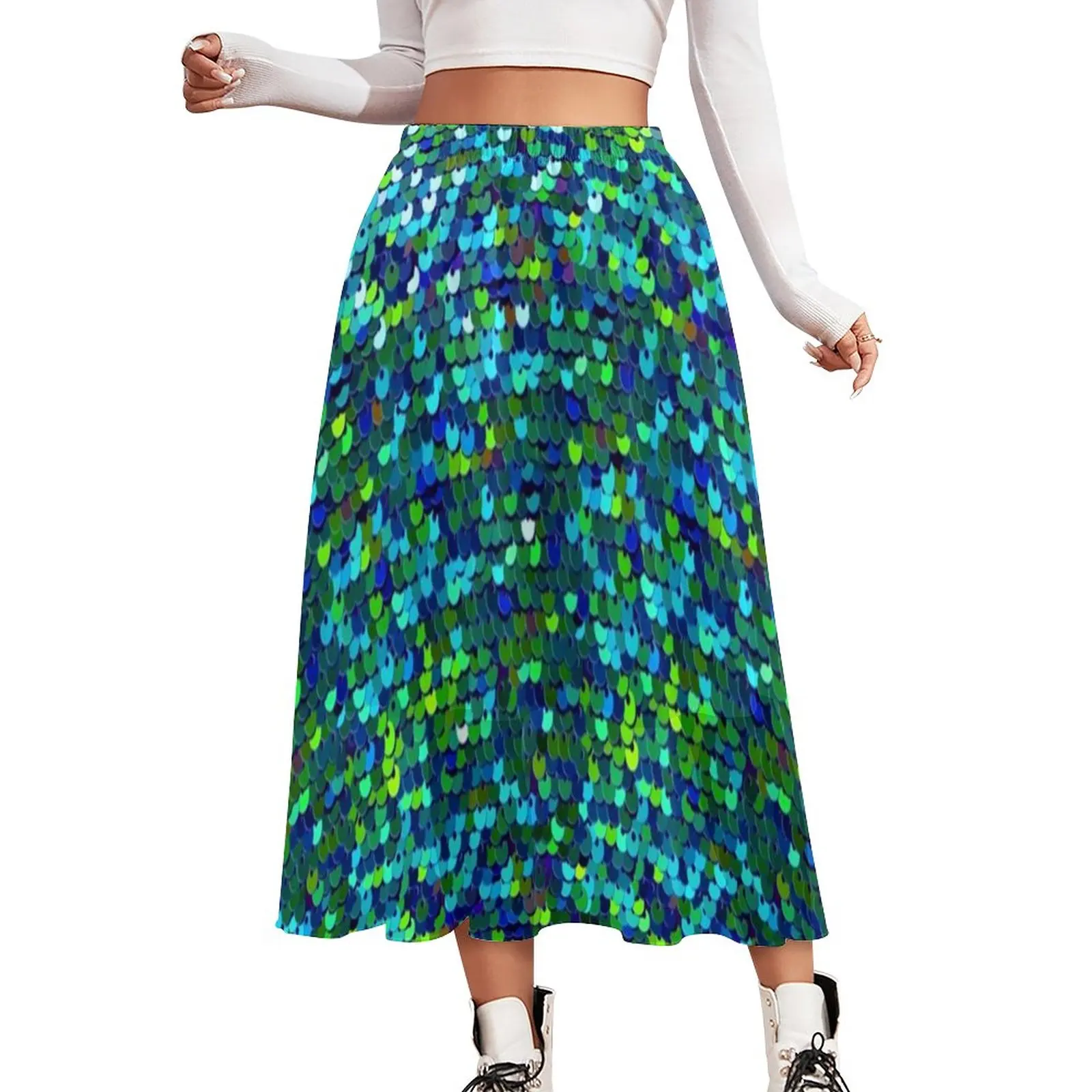 

Emerald Sequins Pattern Skirt Green Glitter Beach Boho Skirts Elastic Waist Print Street Style A-line Skirt Large Size