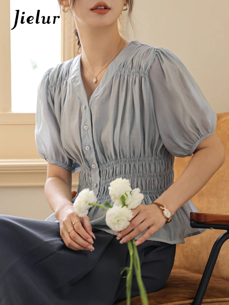 Jielur Рубашка Женская плиссированная с зауженной талией однотонная блуза пышными
