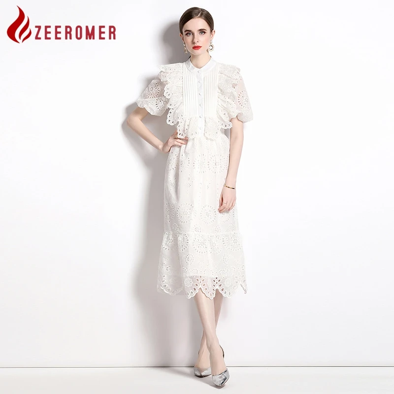 

2023 Summer Fashion Runway White Hollow Out Lace Dress Women Stand Collar Puff Sleeve Embroidery Ruffles Slim Party Midi Dress