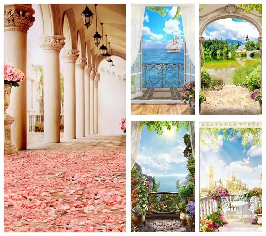 

Фон для фотосъемки Mehofond с изображением пейзажа, арки, двери, весеннего сада, забора, розового цветка, неба, свадебный фон, Фотофон, фотостудия