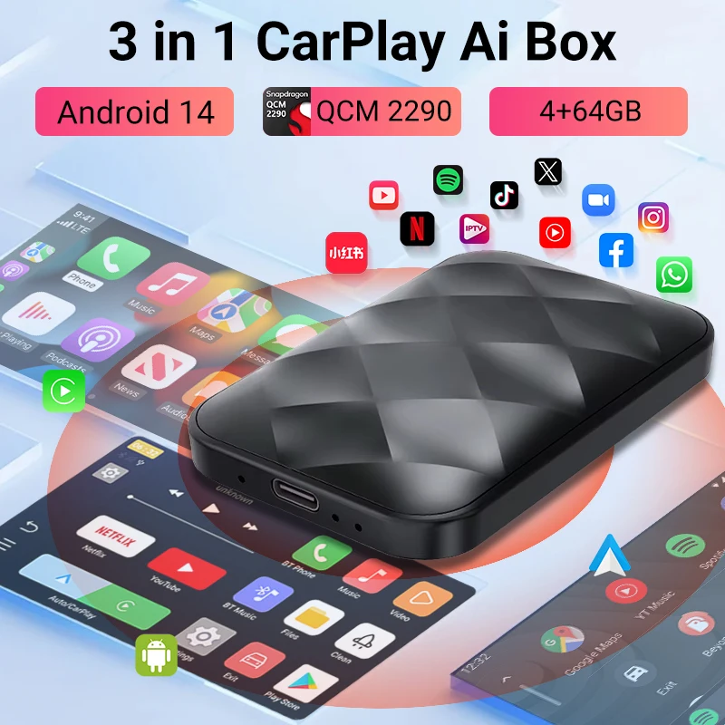 Новый 3в1 Android 14 беспроводной CarPlay Smart Box Auto для Youtube Netflix WIFI адаптер Plug and Play Toyota Mazda Ford